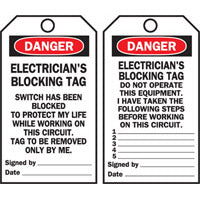 Lockout Tags - Electricians Blocking Tag